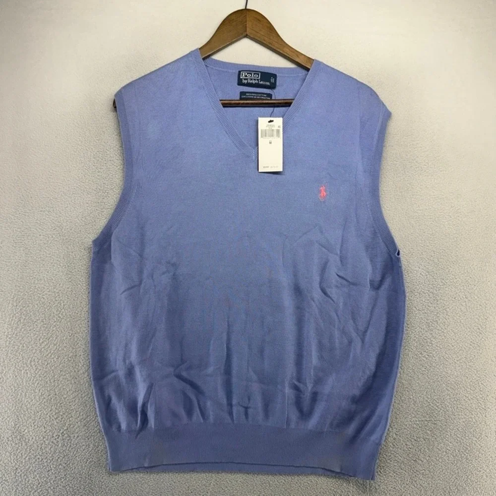 Ralph Lauren Sweater Vest men's Medium Blue Pink Pony V neck Solid READ NEW